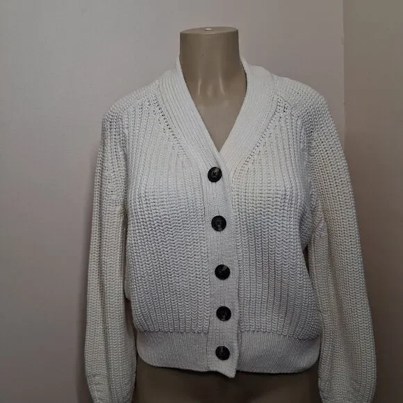 Everlane Womens Chunky Knit Cardigan Sweater White Boho Fisherman Large Coastal - Picture 1 of 11